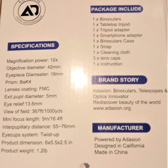 ADASION 12X42 HD POWERFUL BLACK BINOCULARS WATERPROOF LENS & TRIPOD NEW - Picture 7 of 8